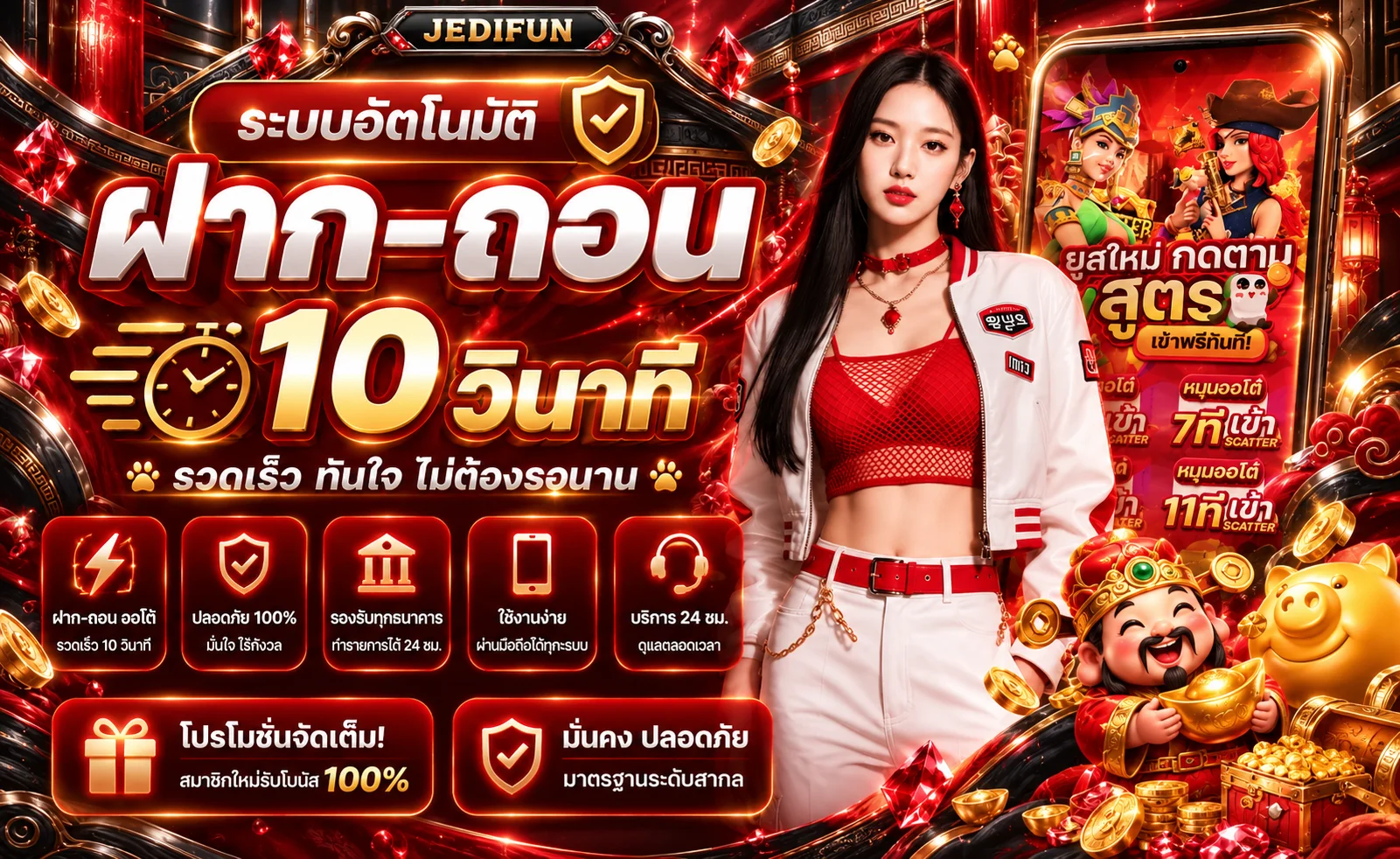 แบนเนอร์ JEDIFUN ระบบฝากถอนและบริการบนมือถือ